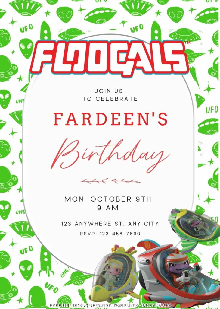 Free Floogals Birthday Invitation Templates with Green Spaceship in the Background