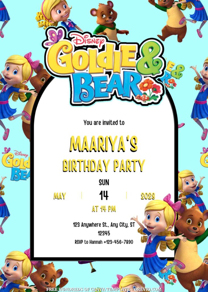 Free Goldie and Bear Birthday Invitations with Group in the Background