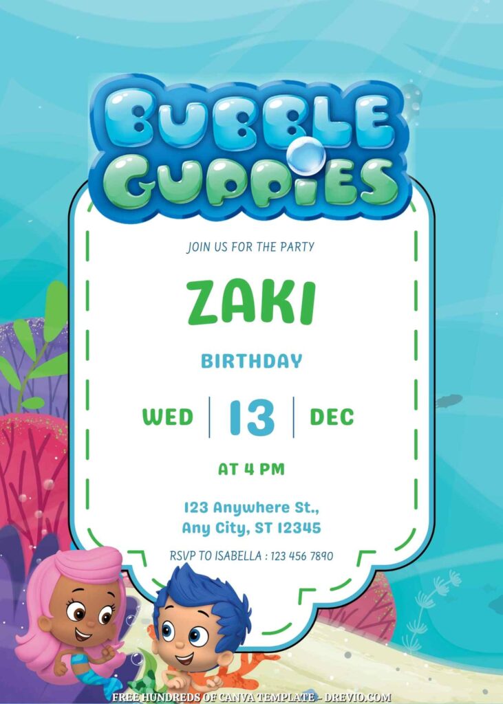 Free Bubble Guppies Birthday Invitations with Undersea Background