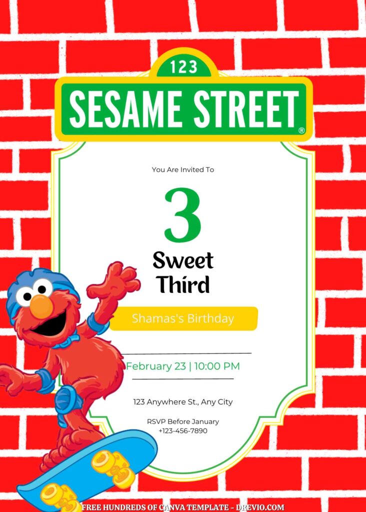 Free Sesame Street Birthday Invitations with Brick in the Background