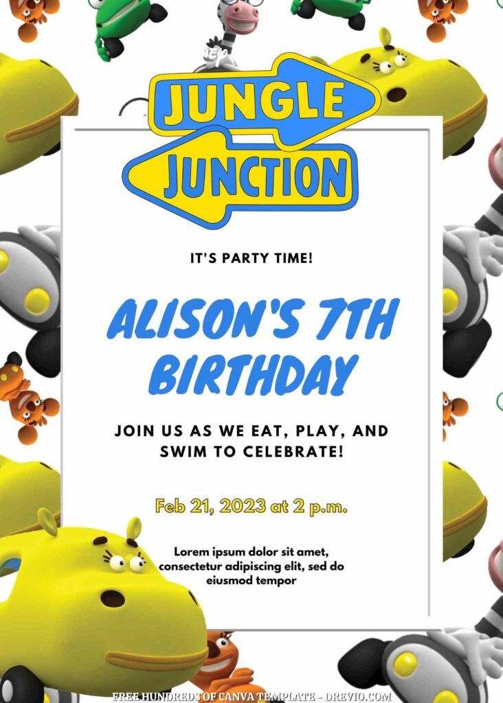 Free Jungle Junction Canva Birthday Invitation Templates with Group in the Background
