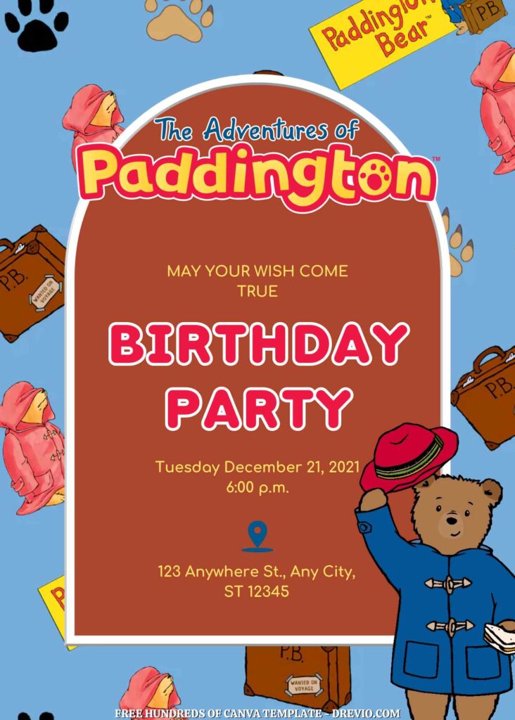 Free Paddington Bear Birthday Invitations with Group in the Background