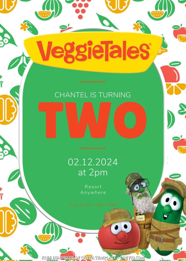 Free VeggieTales Birthday Invitations with Vegetable Drawing in the Background
