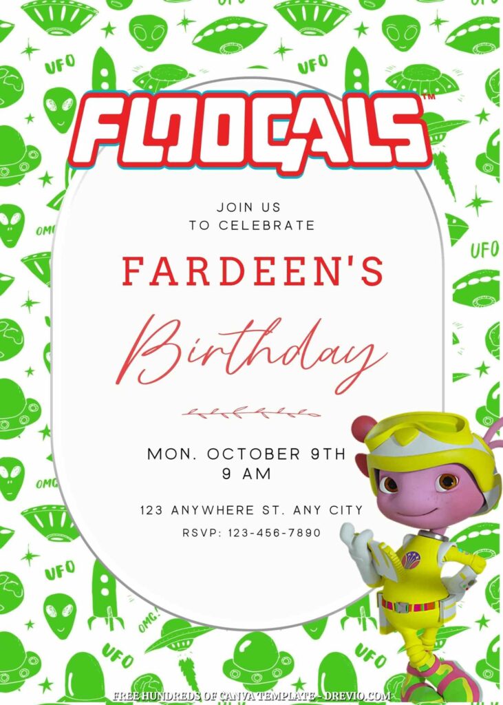 Free Floogals Birthday Invitation Templates with Green Spaceship in the Background