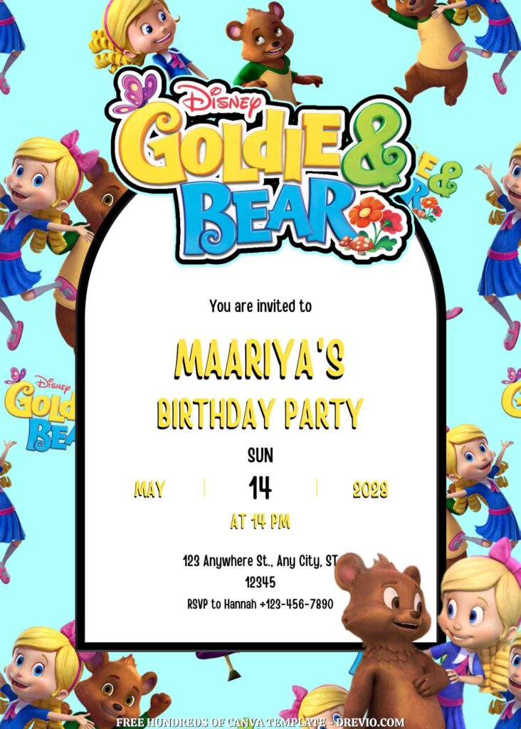 Free Goldie and Bear Birthday Invitations with Group in the Background