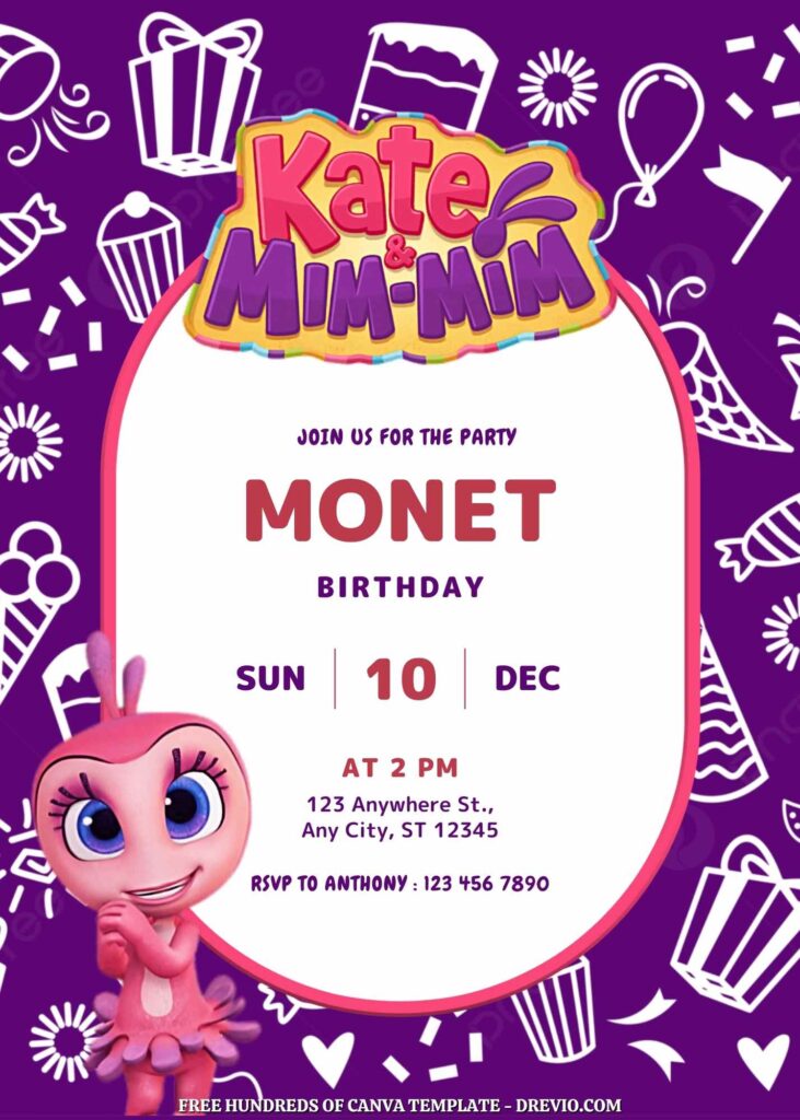 Free Kate and Mim-Mim Birthday Invitations with Purple Pattern in the Background
