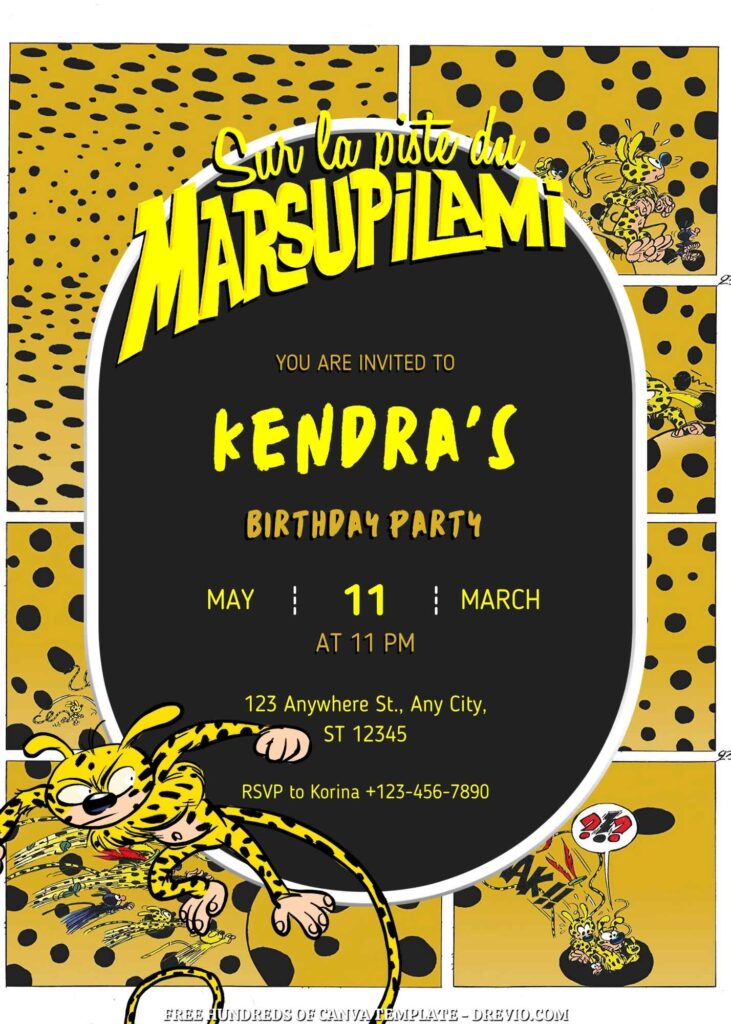 Free Marsupilami Birthday Invitations with Yellow Black Pattern in the Background
