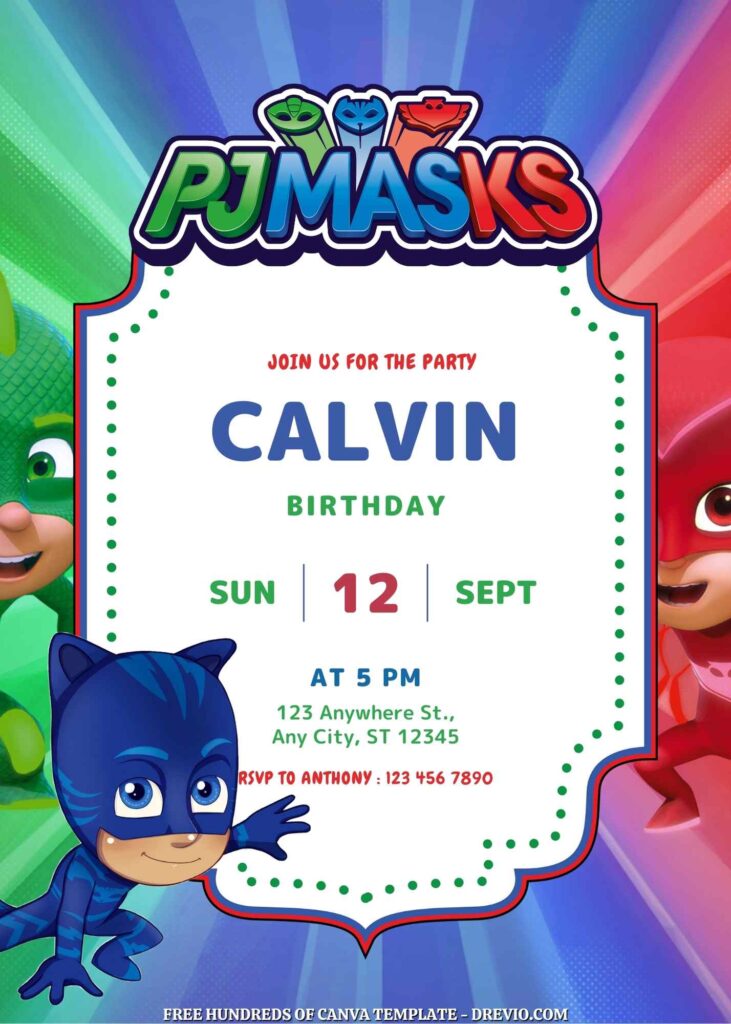 Free PJ Masks Birthday Invitations with Group in the Background