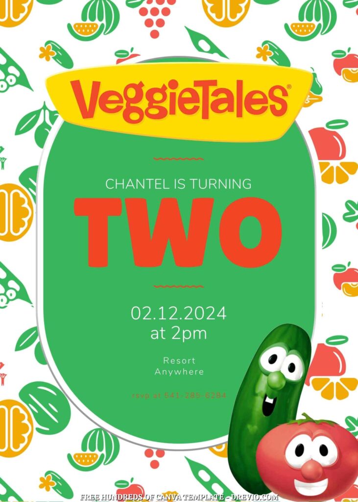 Free VeggieTales Birthday Invitations with Vegetable Drawing in the Background

