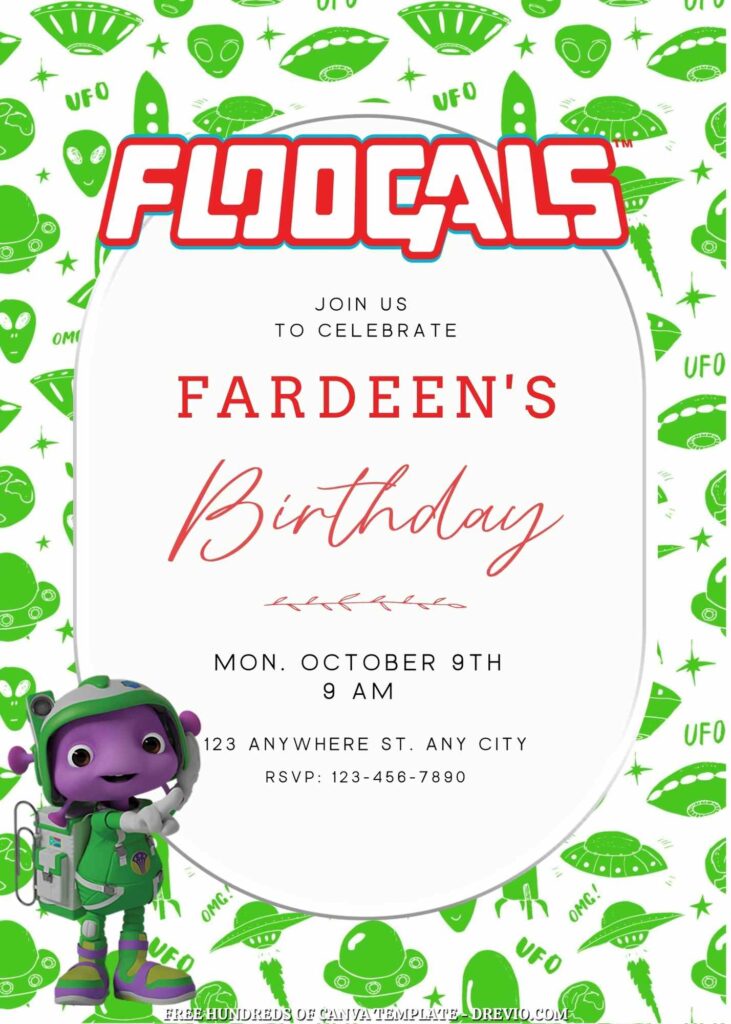 Free Floogals Birthday Invitation Templates with Green Spaceship in the Background