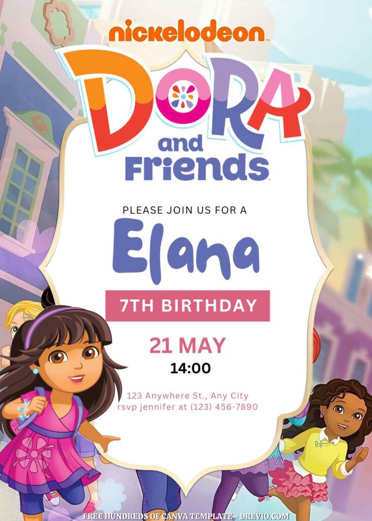 Free Dora and Friends Birthday Invitations with Group in the Background 