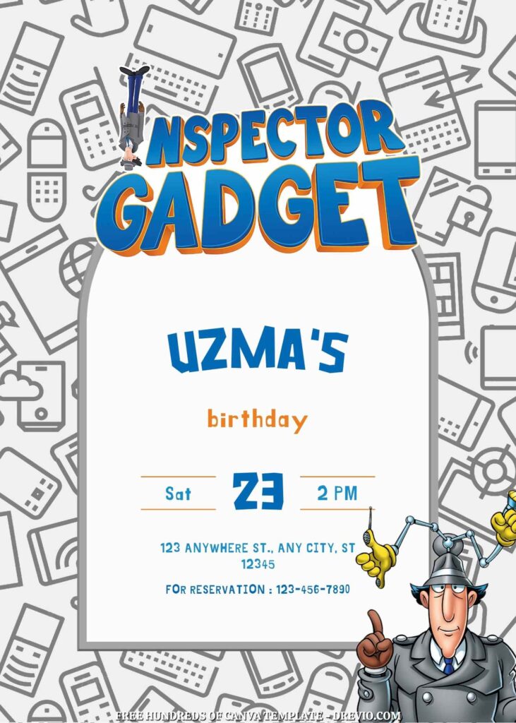 Free Inspector Gadget Birthday Invitations with White Pattern in the Background