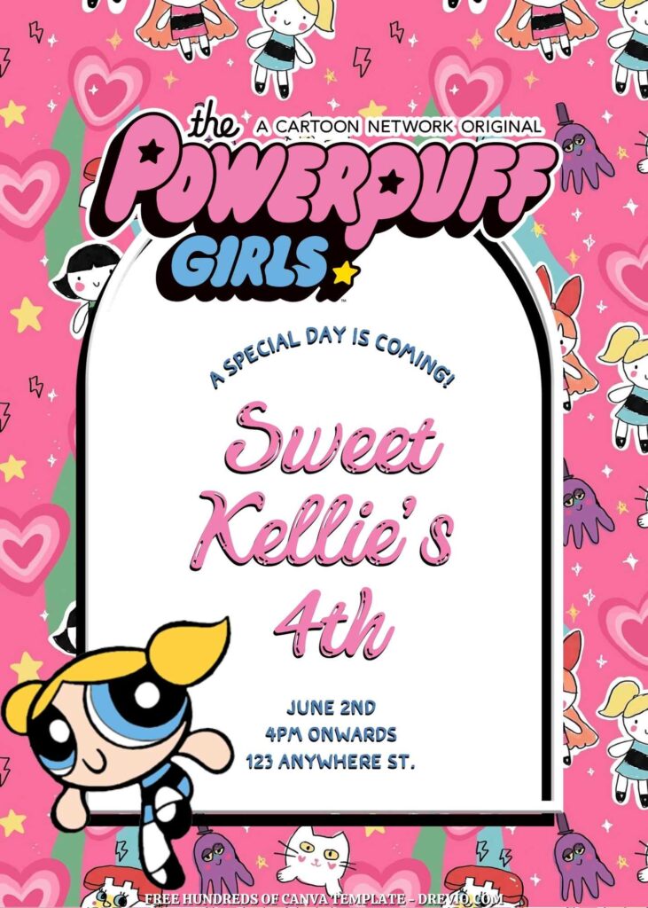 Free Powerpuff Girls Birthday Invitations with Group in the Pink Background