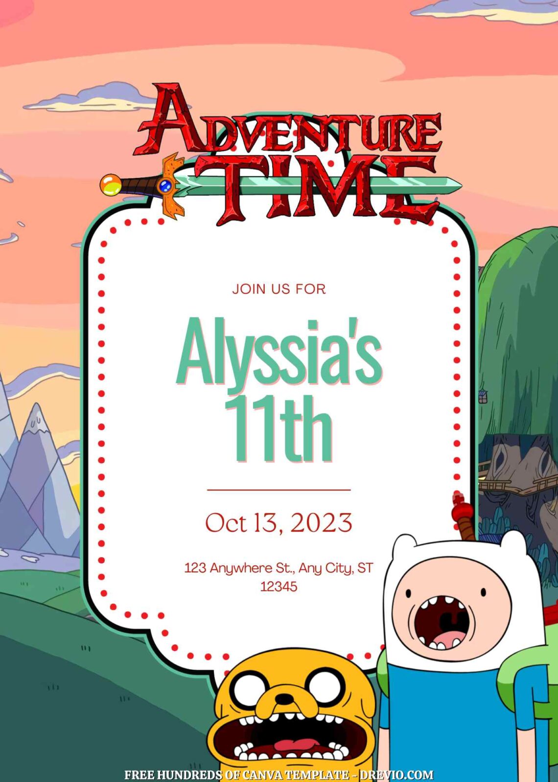 Free Adventure Time Birthday Invitations with Scenery in the Background