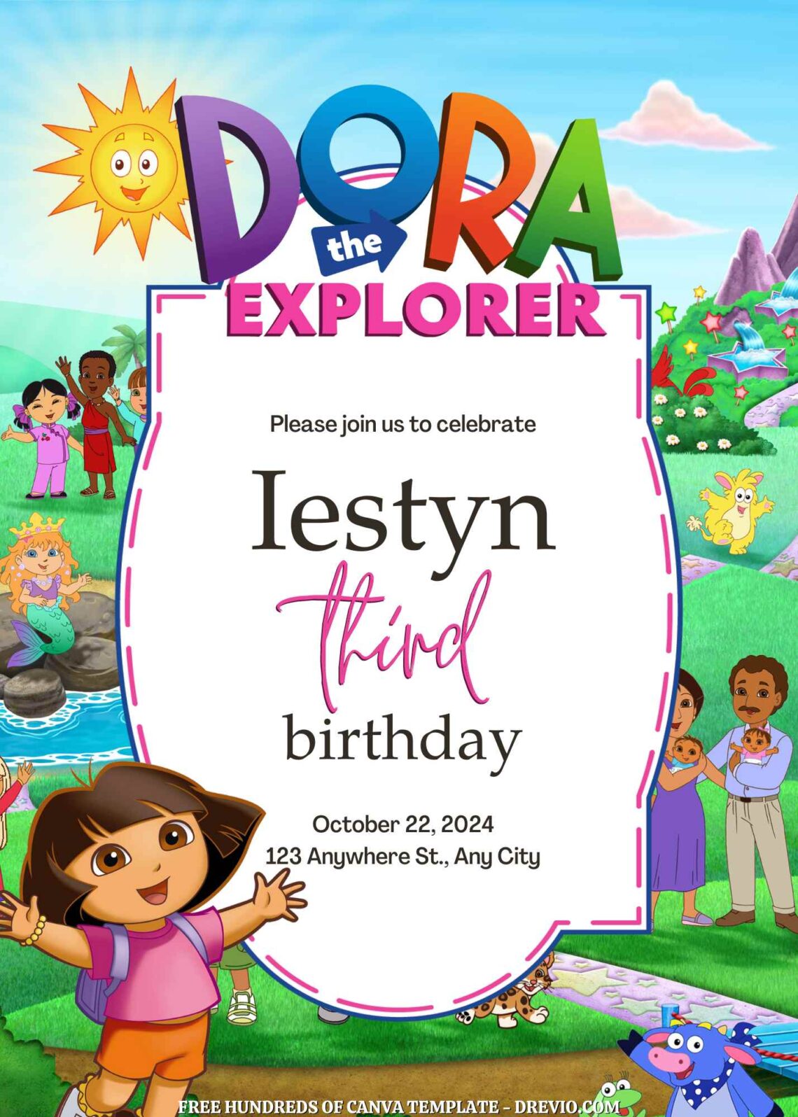 Free Dora the Explorer Birthday Invitations with Group in the Background