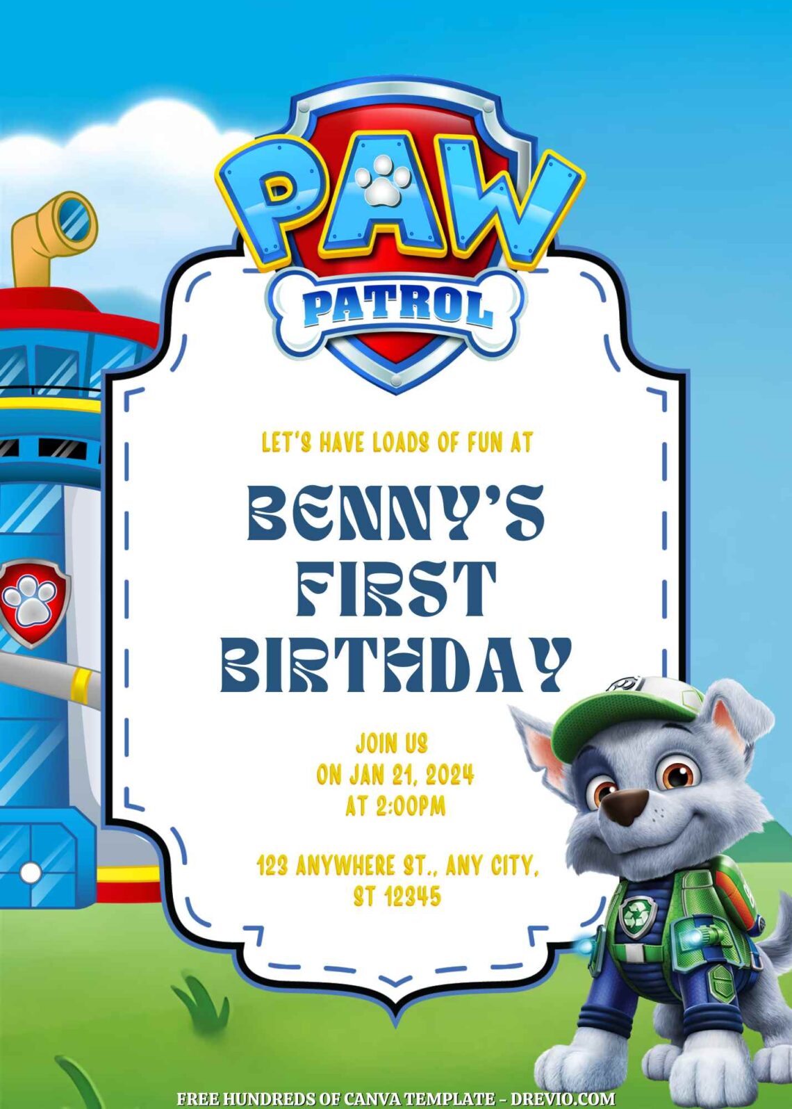 Free Paw Patrol Birthday Invitations with Blue Background