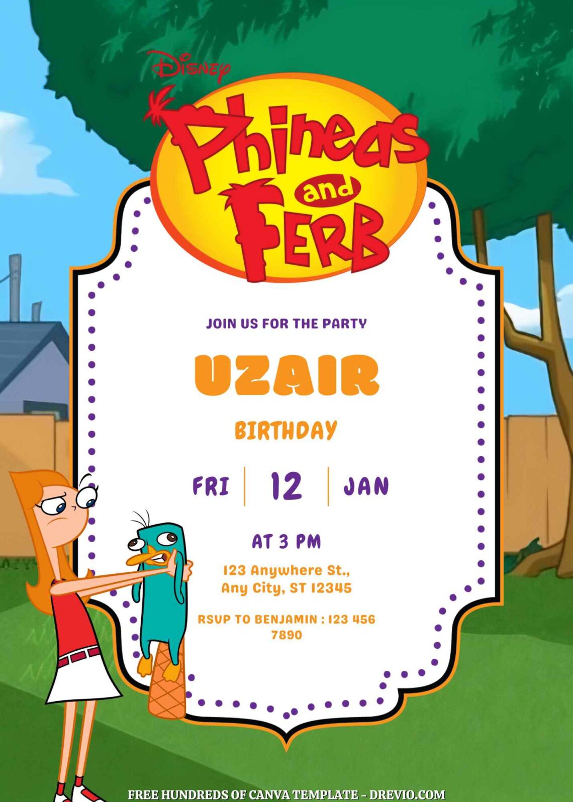 Free Phineas and Ferb Birthday Invitations with Scenery in the Background