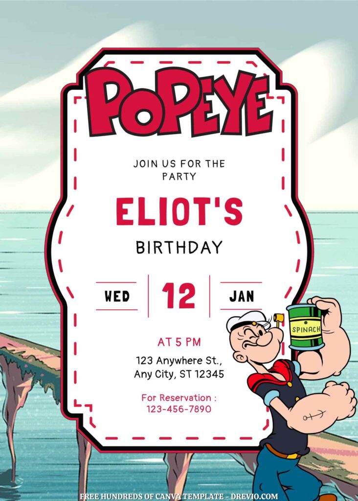 Free Popeye Birthday Invitations with Sea in the Background