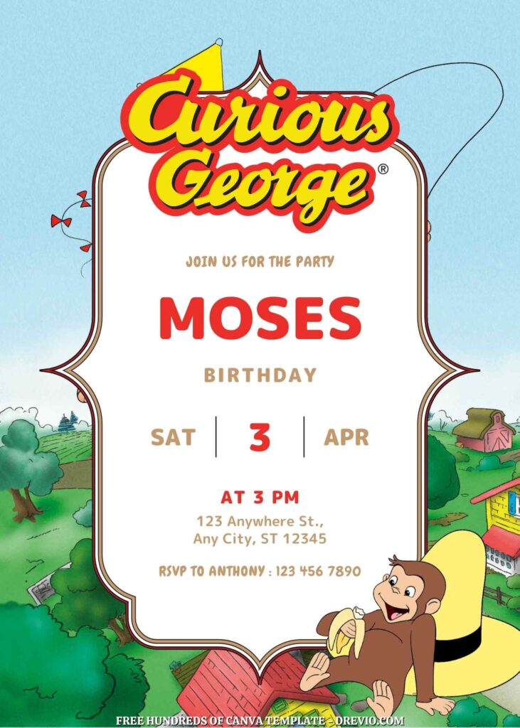 Free Curious George Birthday Invitations with Scenery in the Background
