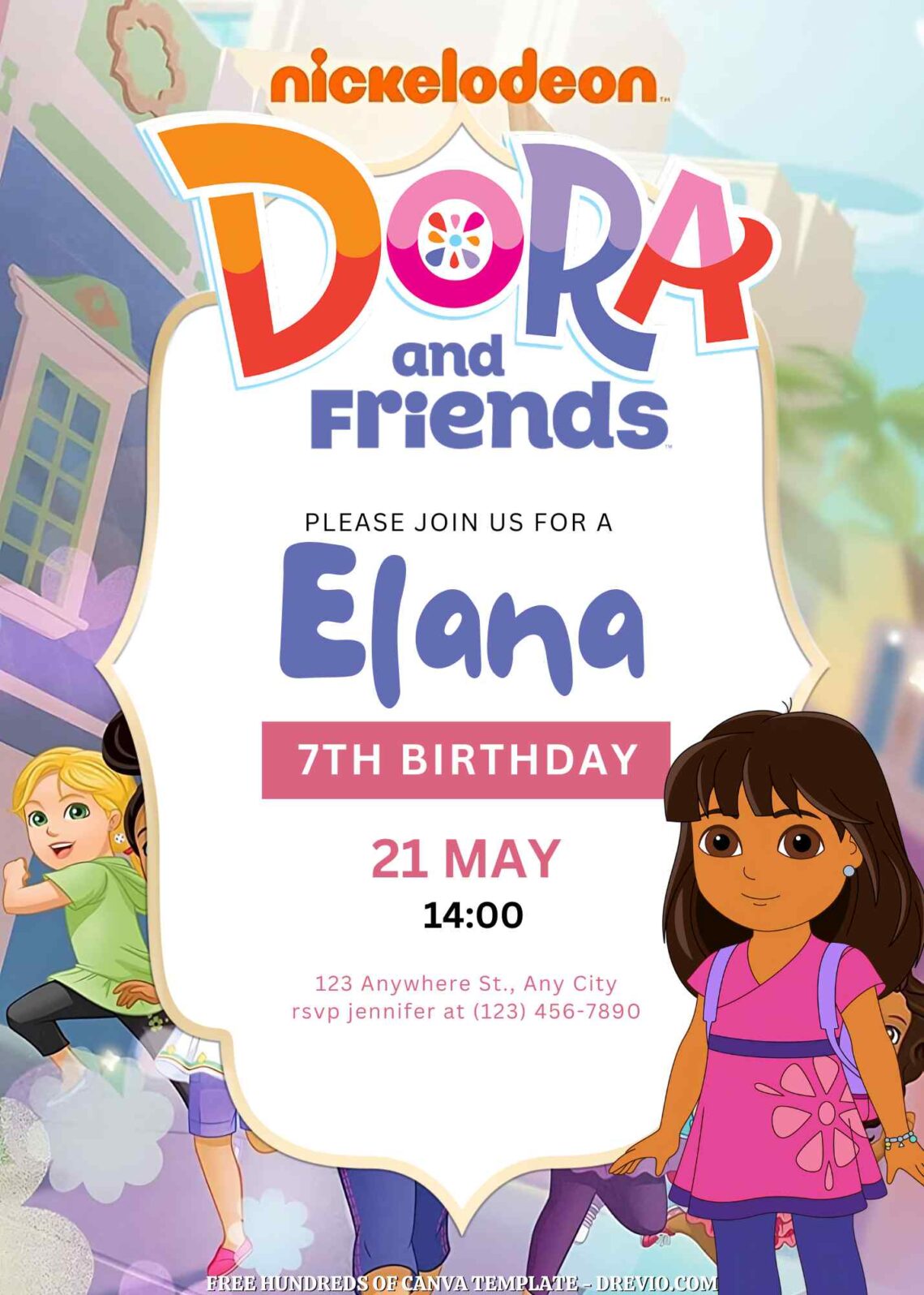 Free Dora and Friends Birthday Invitations with Group in the Background
