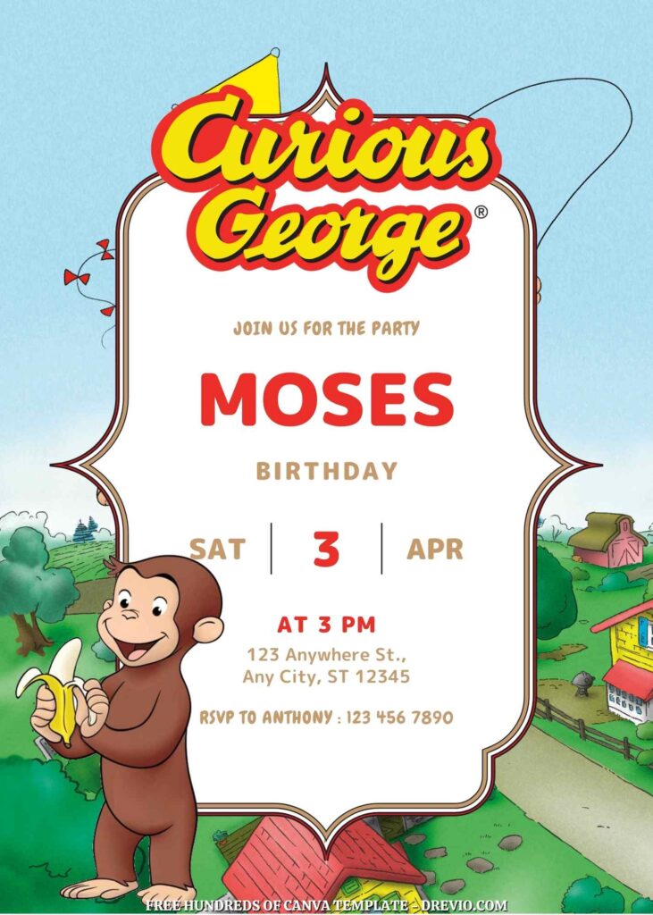 Free Curious George Birthday Invitations with Scenery in the Background