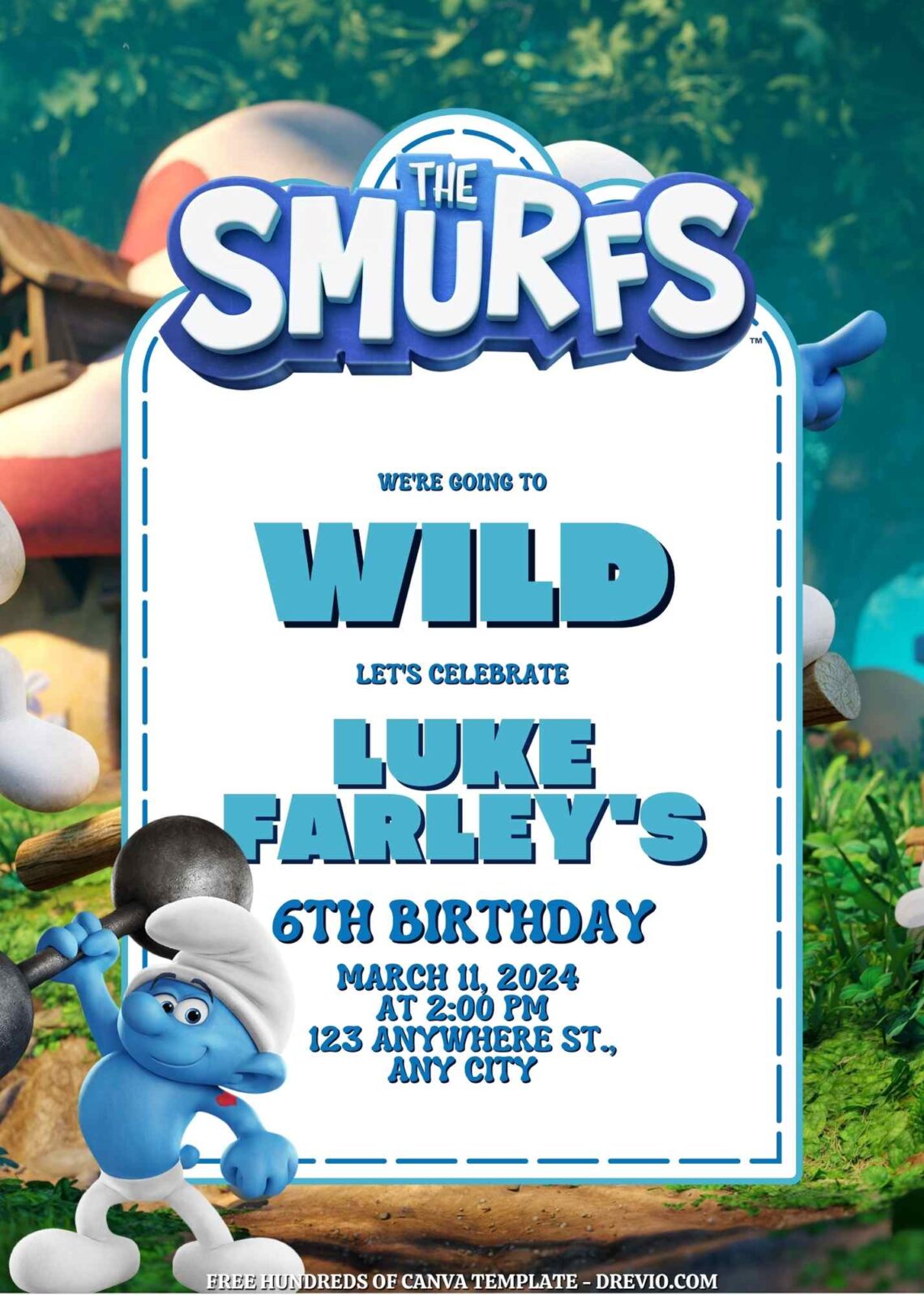Free Smurfs Birthday Invitations with Grup in the Background