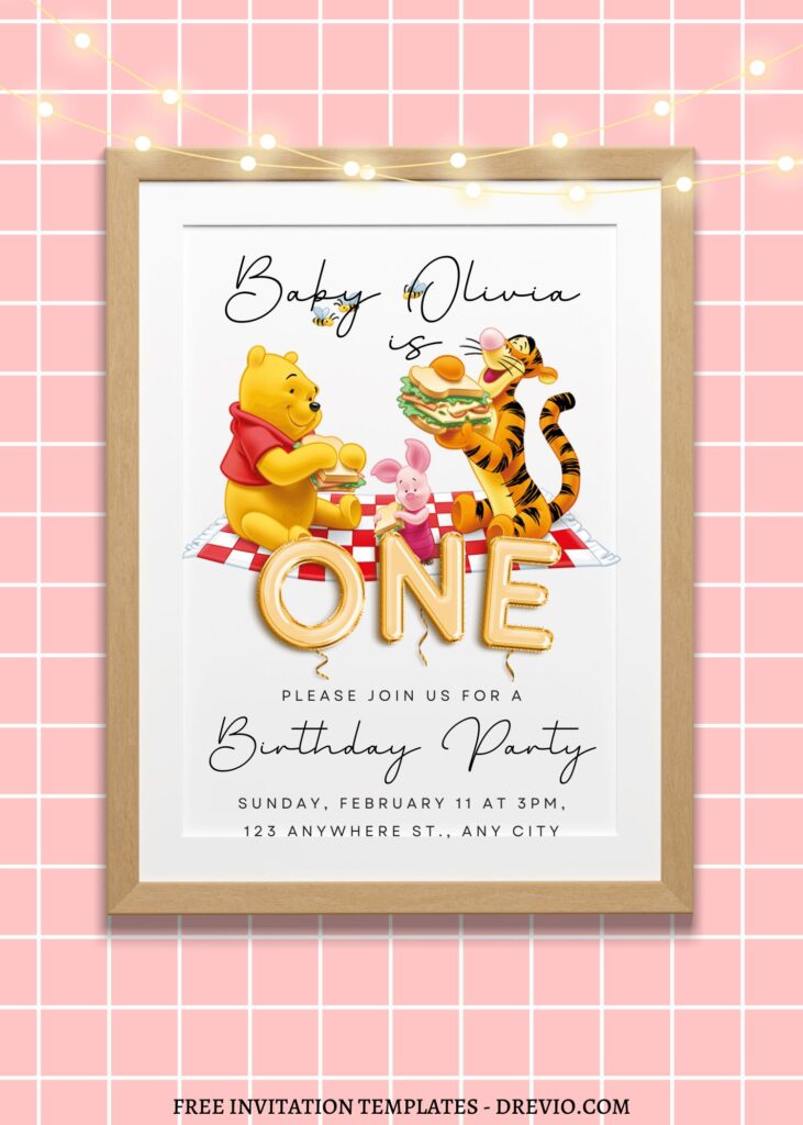 10+ Picnic Rush With Winnie The Pooh Canva Birthday Invitation Templates with gingham background