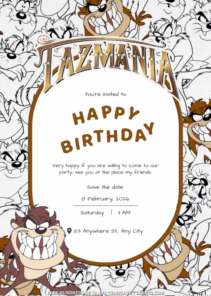 Free Taz-Mania Birthday Invitations with Black and White Background