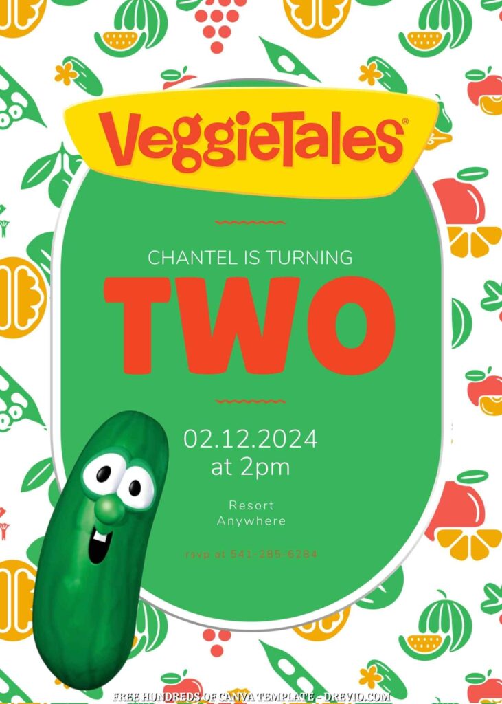 Free VeggieTales Birthday Invitations with Vegetable Drawing in the Background
