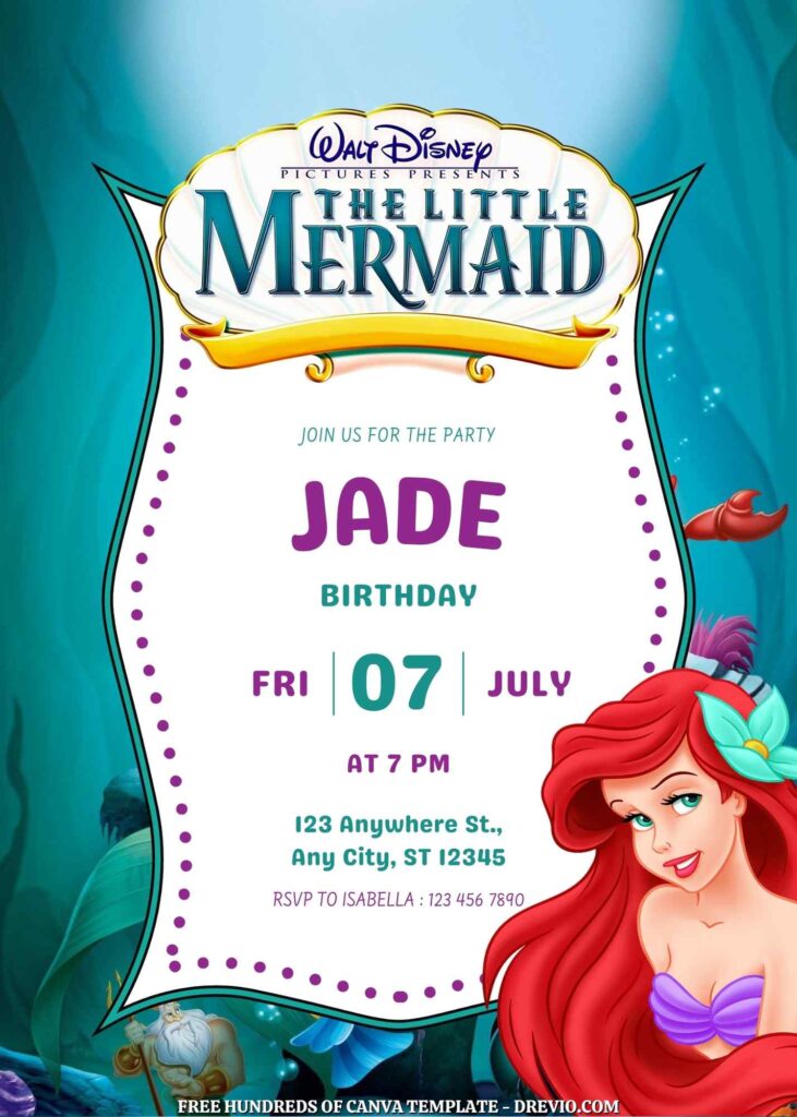Little Mermaid Birthday invitations with Undersea in the Background