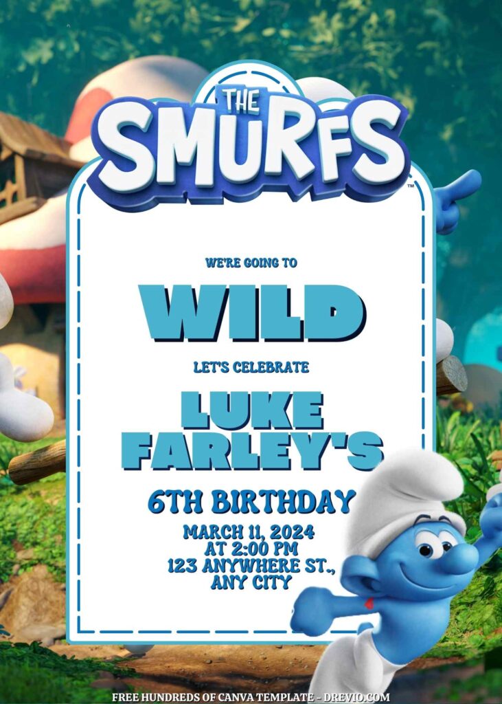 Free Smurfs Birthday Invitations with Grup in the Background