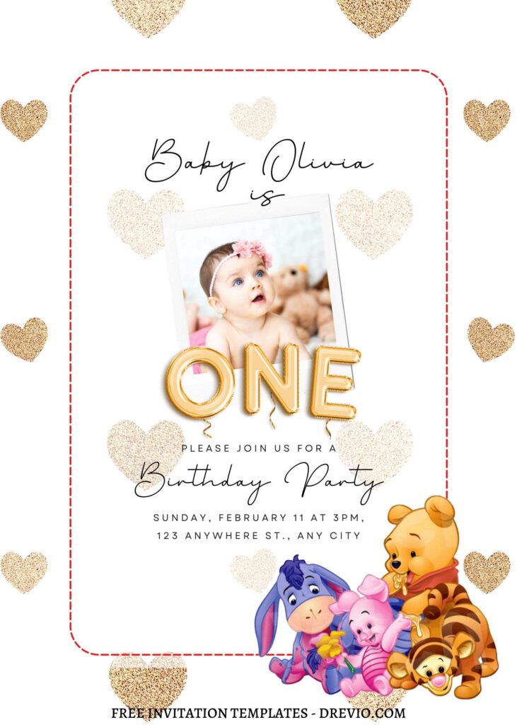 8+ Happy Baby Winnie The Pooh Canva Birthday Invitation Templates PINK GLITTER HEART
