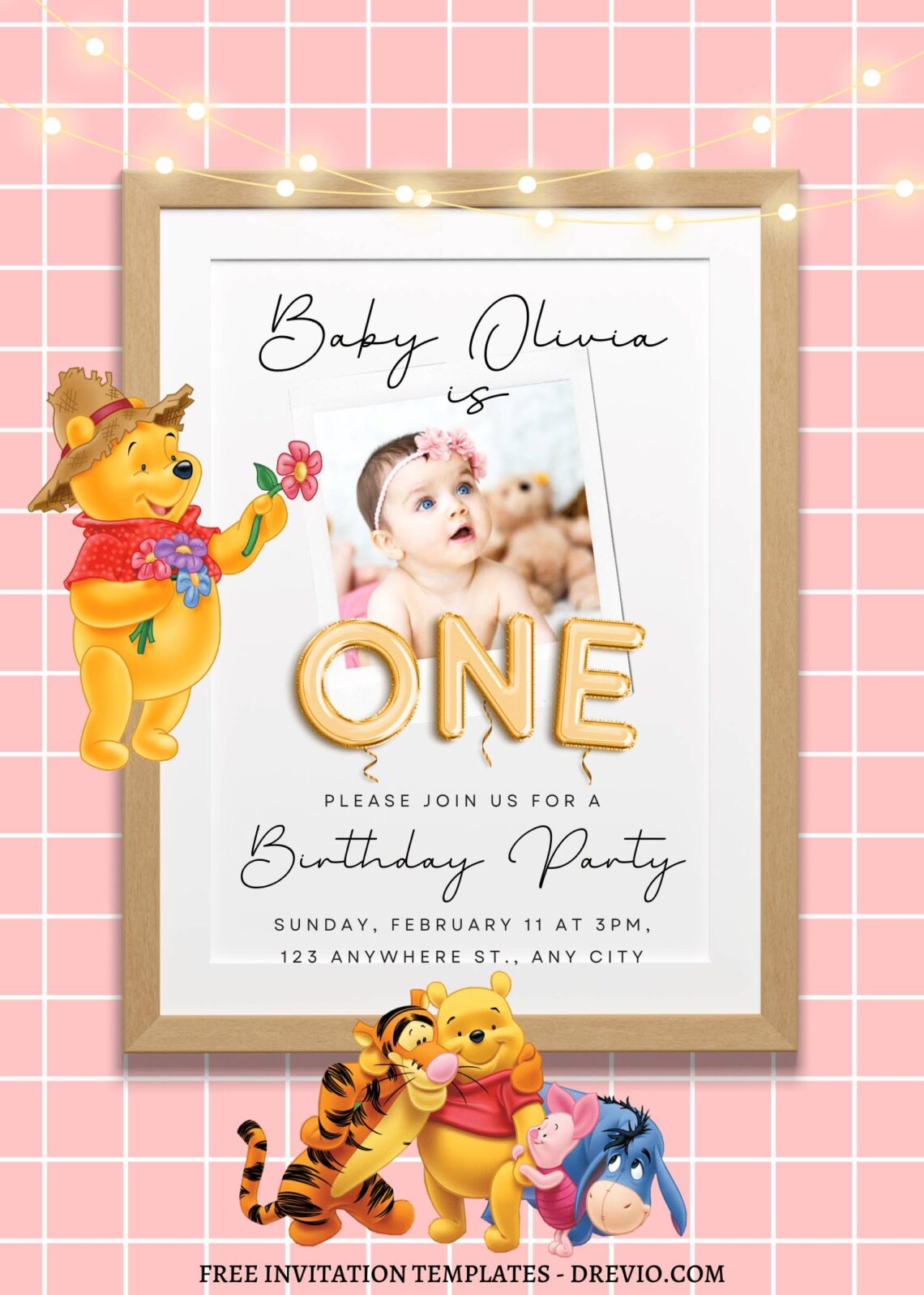 10+ Picnic Rush With Winnie The Pooh Canva Birthday Invitation Templates with cute piglet