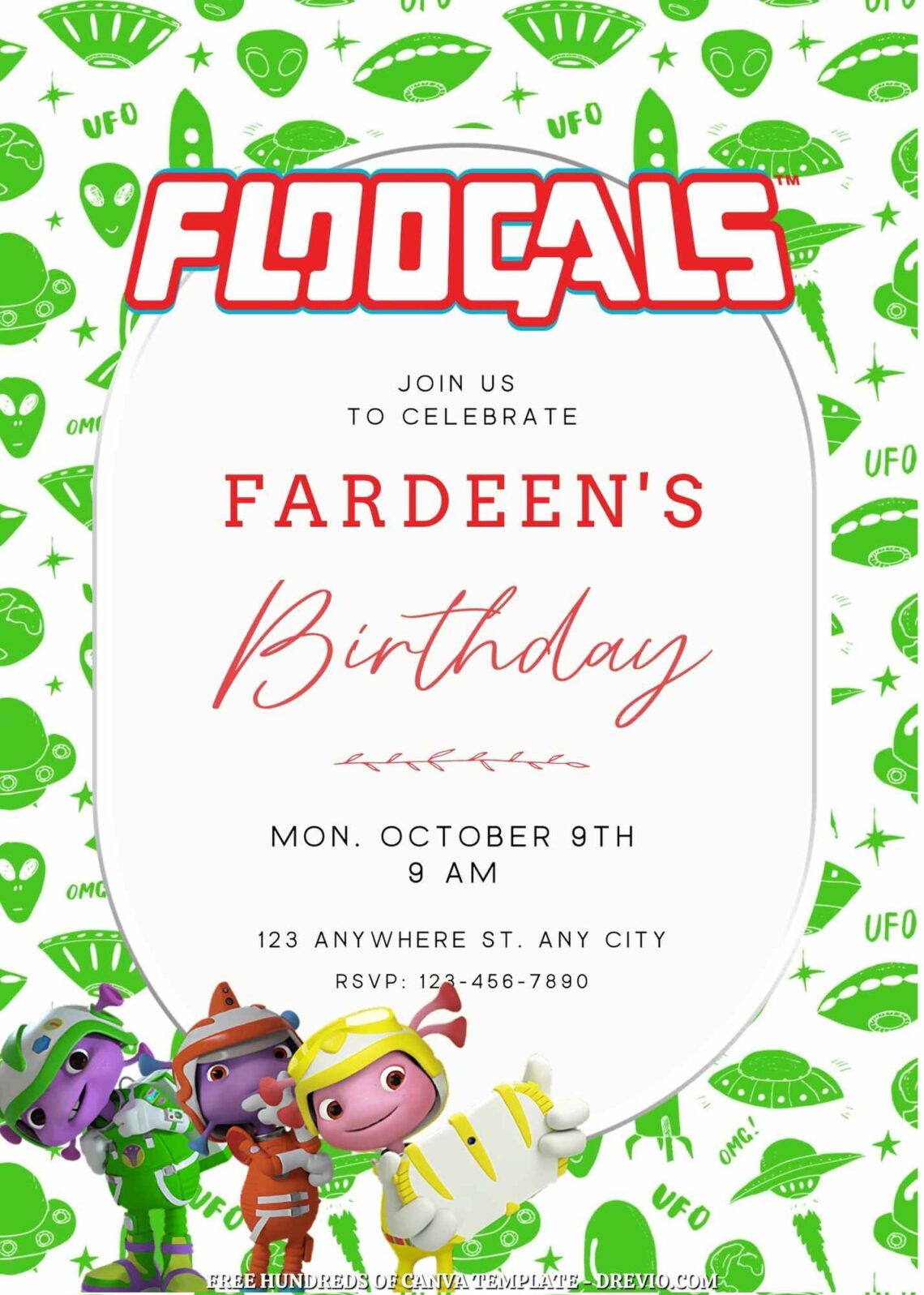 Free Floogals Birthday Invitation Templates with Green Spaceship in the Background