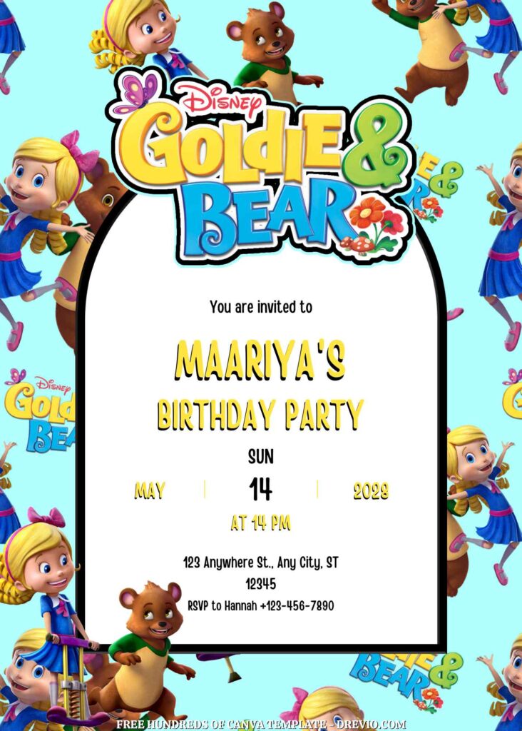 Free Goldie and Bear Birthday Invitations with Group in the Background
