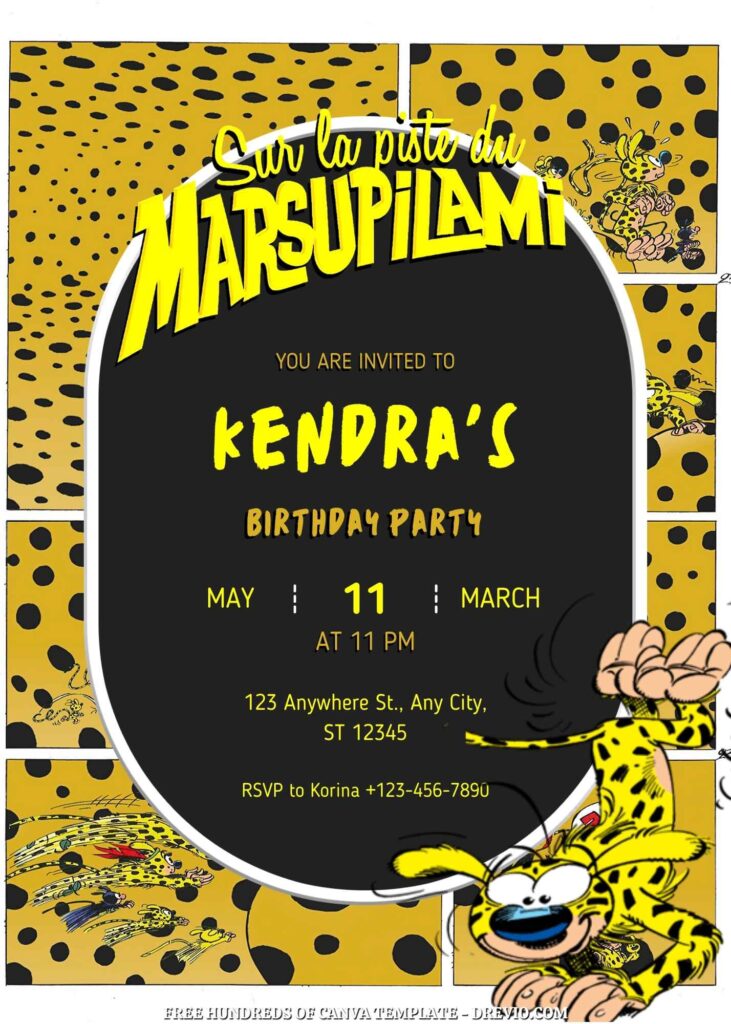 Free Marsupilami Birthday Invitations with Yellow Black Pattern in the Background
