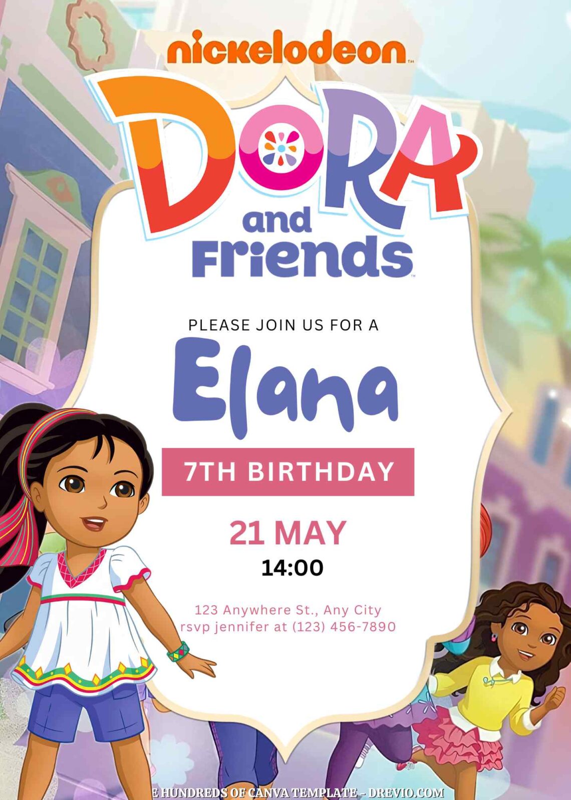 Free Dora and Friends Birthday Invitations with Group in the Background