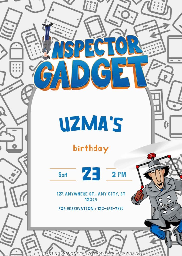 Free Inspector Gadget Birthday Invitations with White Pattern in the Background