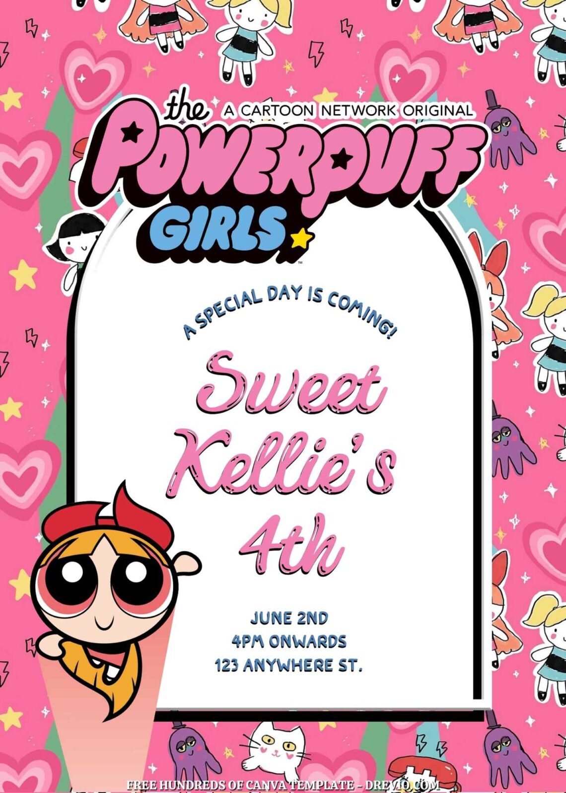 Free Powerpuff Girls Birthday Invitations with Group in the Pink Background