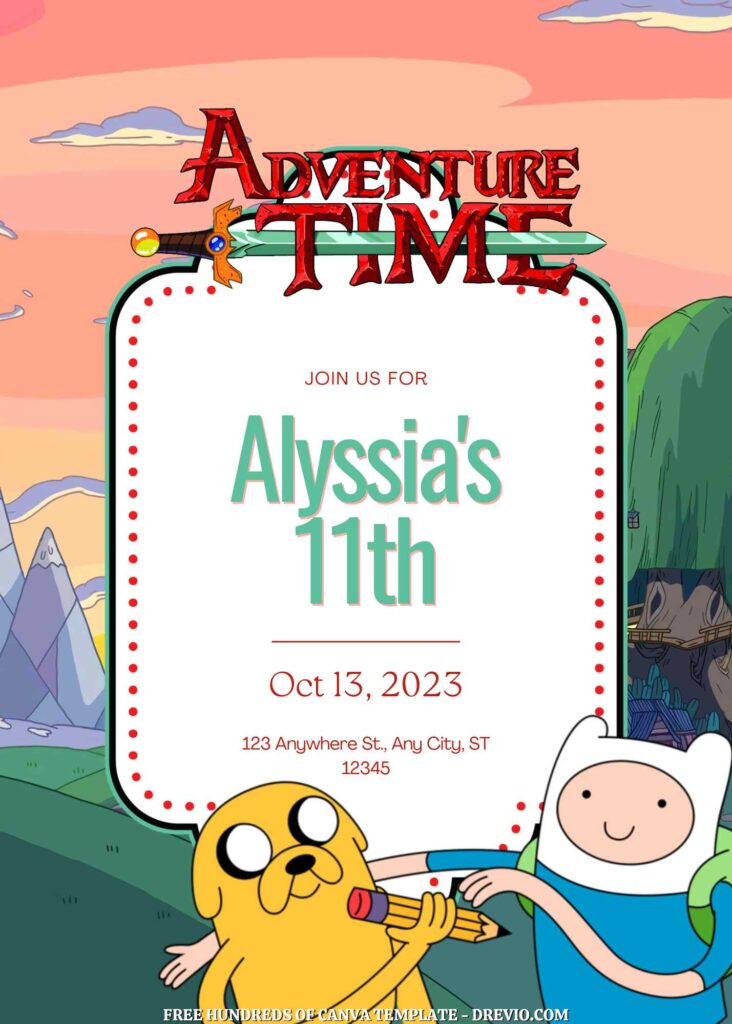 Free Adventure Time Birthday Invitations with Scenery in the Background