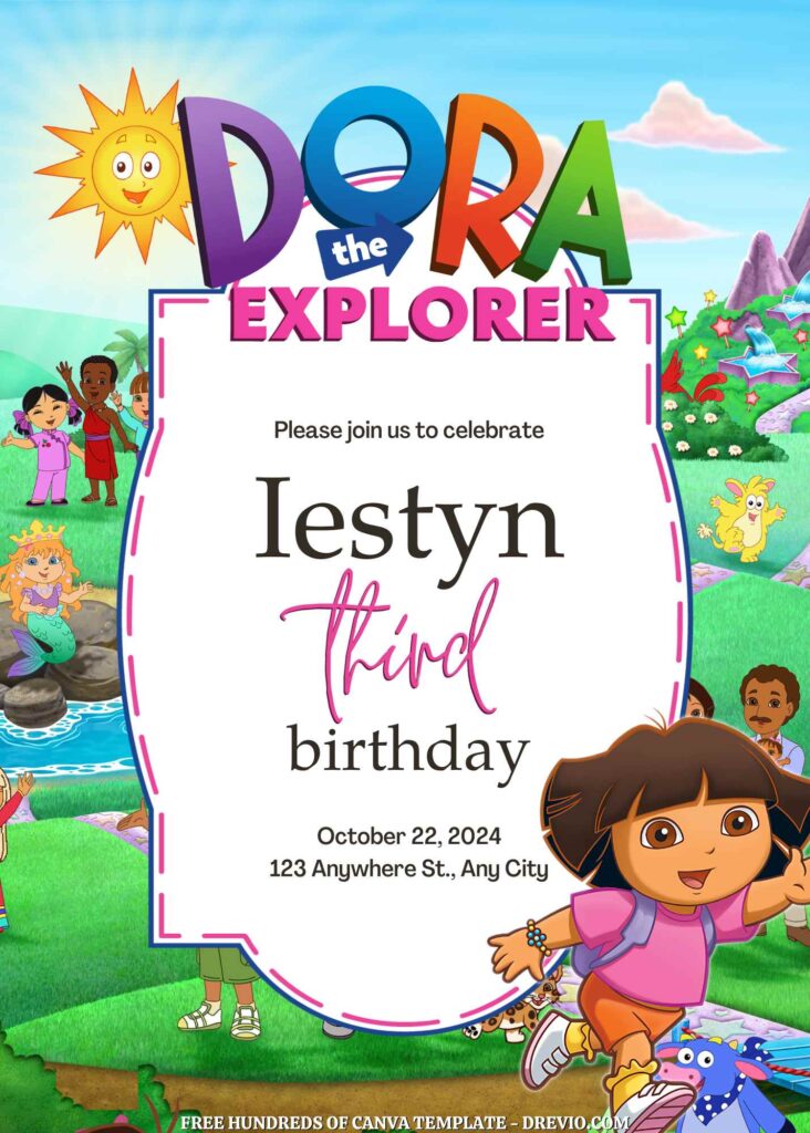 Free Dora the Explorer Birthday Invitations with Group in the Background