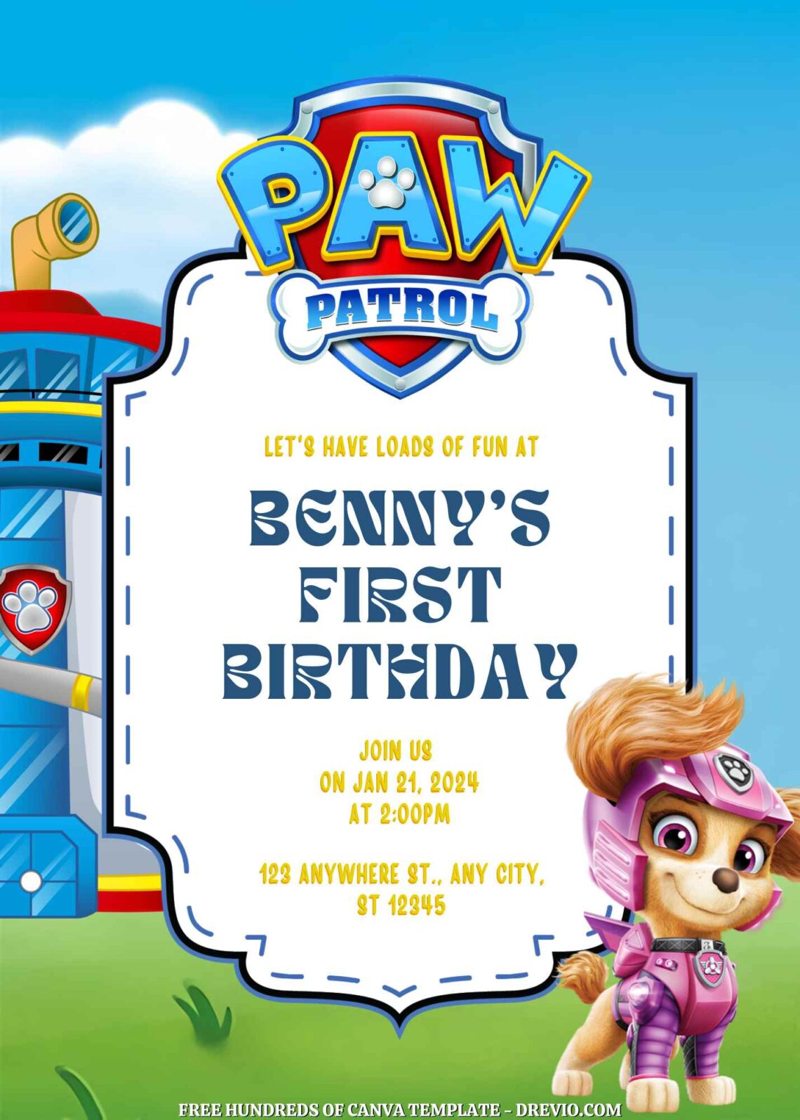 Free Paw Patrol Birthday Invitations with Blue Background