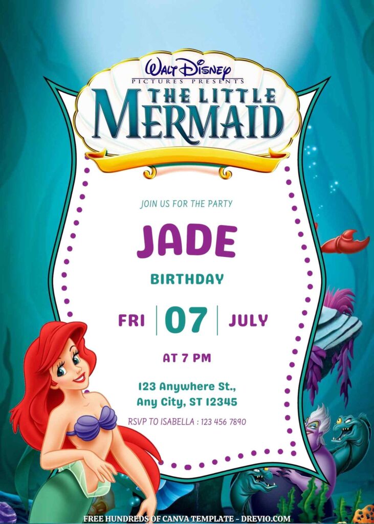 Little Mermaid Birthday invitations with Undersea in the Background
