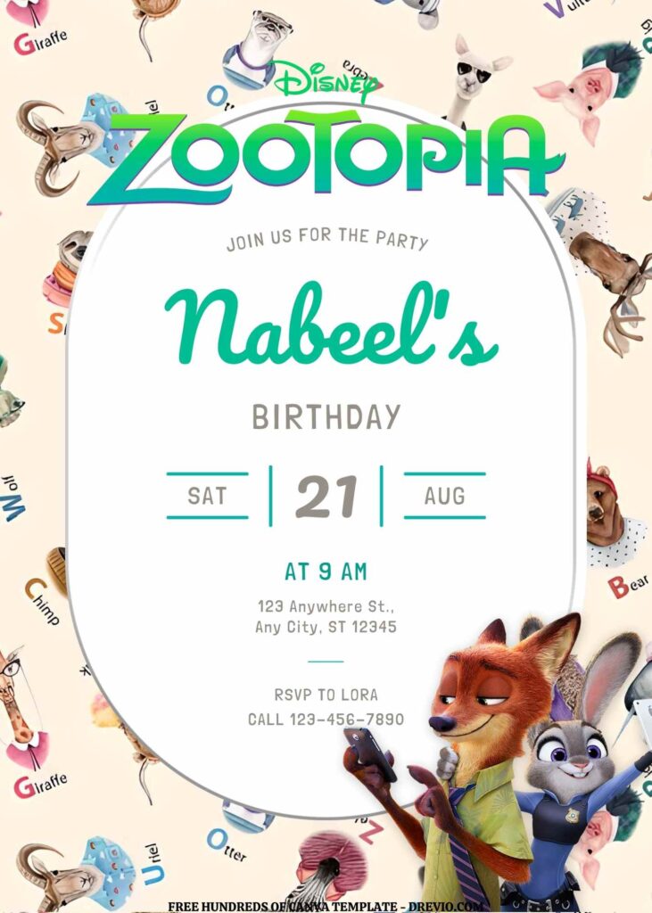 Invitation Template of FREE EDITABLE - 16 Zootopia Canva Birthday Invitation Templates 8