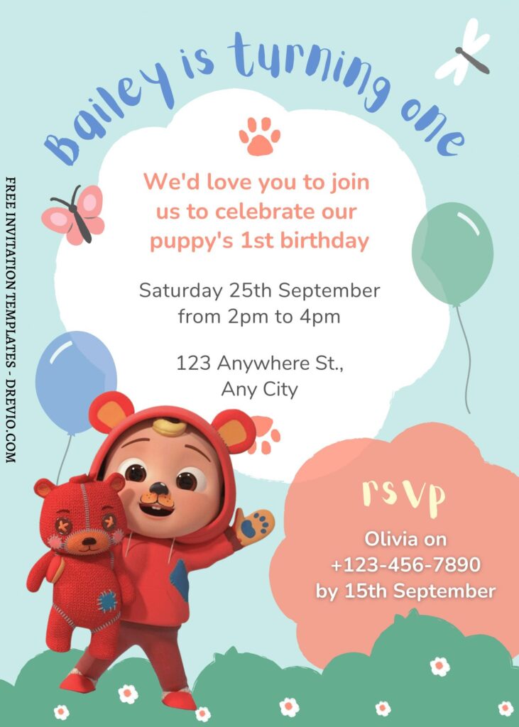FREE EDITABLE - 9 Cute Cocomelon Canva Birthday Invitation Templates with adorable cody in Teddy Bear suit