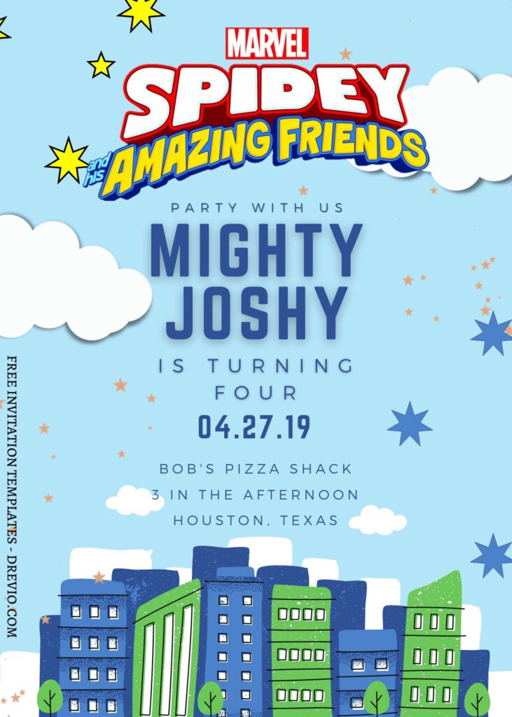 9+ Mighty Spidey And His Amazing Friends Canva Birthday Invitation Templates with sky background