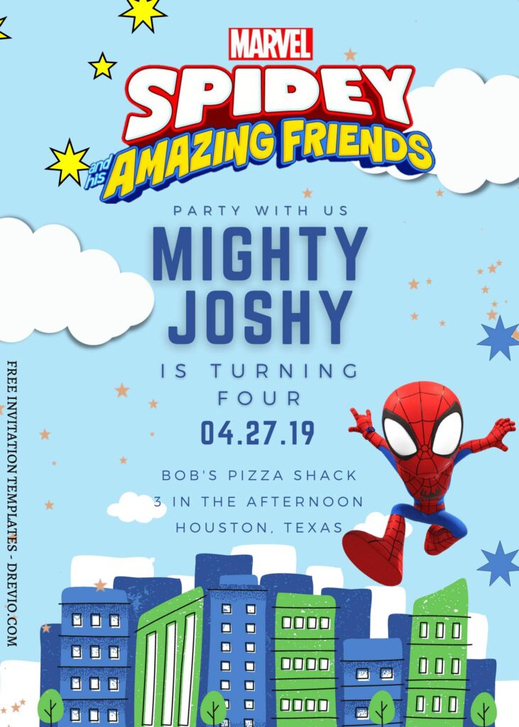 9+ Mighty Spidey And His Amazing Friends Canva Birthday Invitation Templates with colorful building