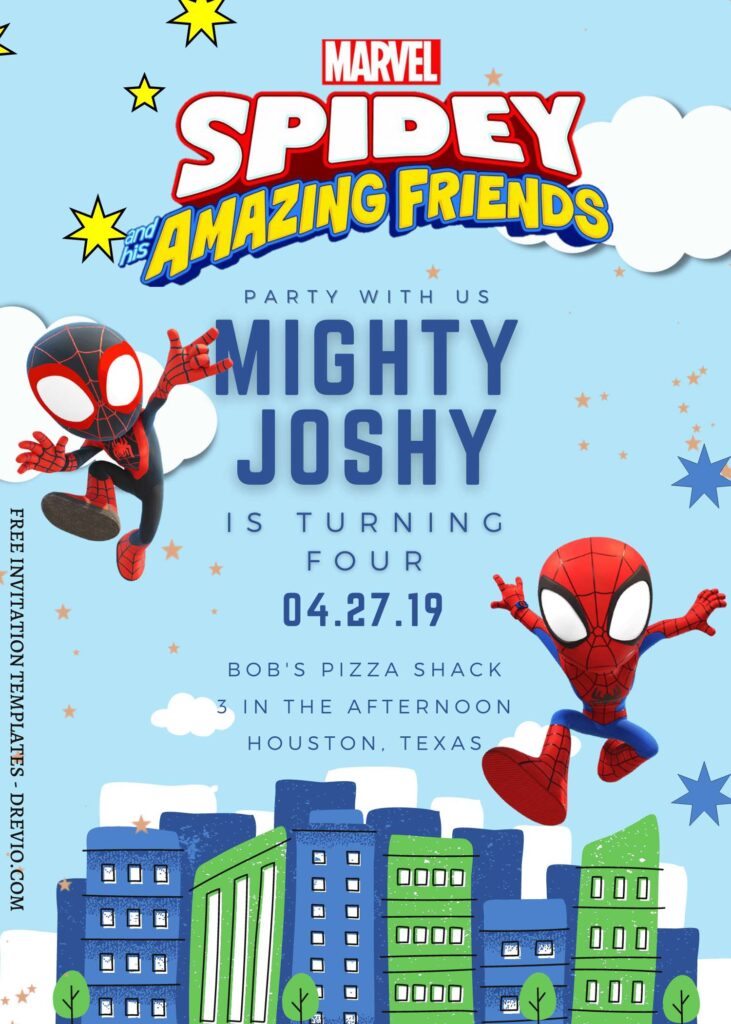 9+ Mighty Spidey And His Amazing Friends Canva Birthday Invitation Templates with adorable Cityscape