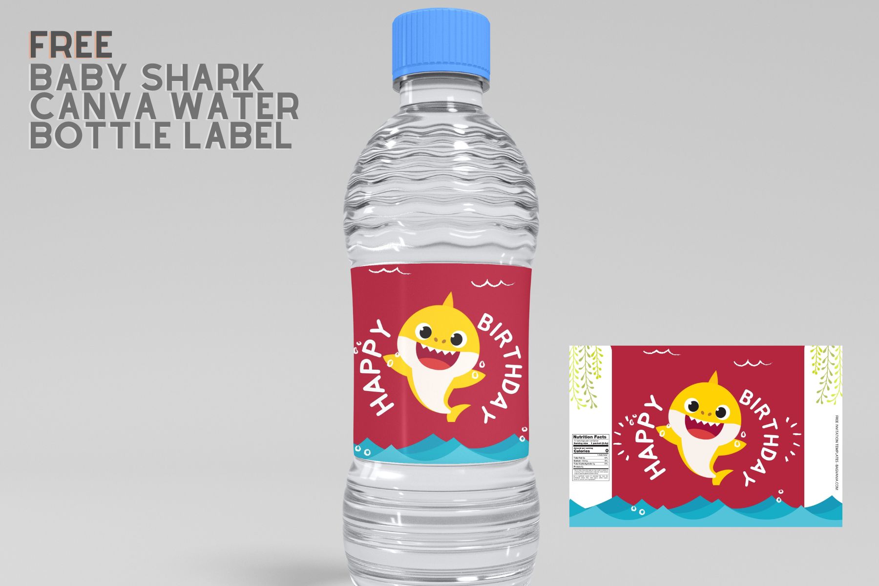 (Free Editable) Pinkfong Baby Shark Canva Birthday Water Bottle Labels