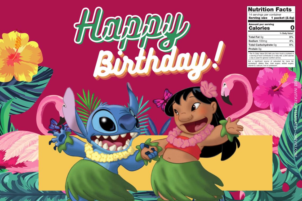 (Free Editable) Lilo & Stitch Canva Birthday Water Bottle Labels Two